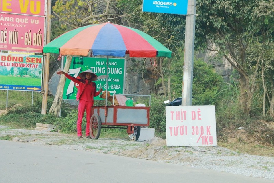 “Sạch bóng” thịt dê “lậu” bám bụi bán trên đường vào di sản Tràng An - 1 Tình trạng người dân bán thịt dê hai bên đường vào di sản Tràng An trước khi bị dẹp bỏ.