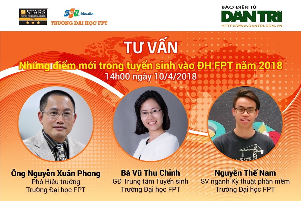 Đại học FPT mở rộng đối tượng miễn thi - 1
ĐH FPT phối hợp cùng báo điện tử Dân trí tổ chức buổi tư vấn với chủ đề “Những điểm mới trong tuyển sinh ĐH FPT 2018”.