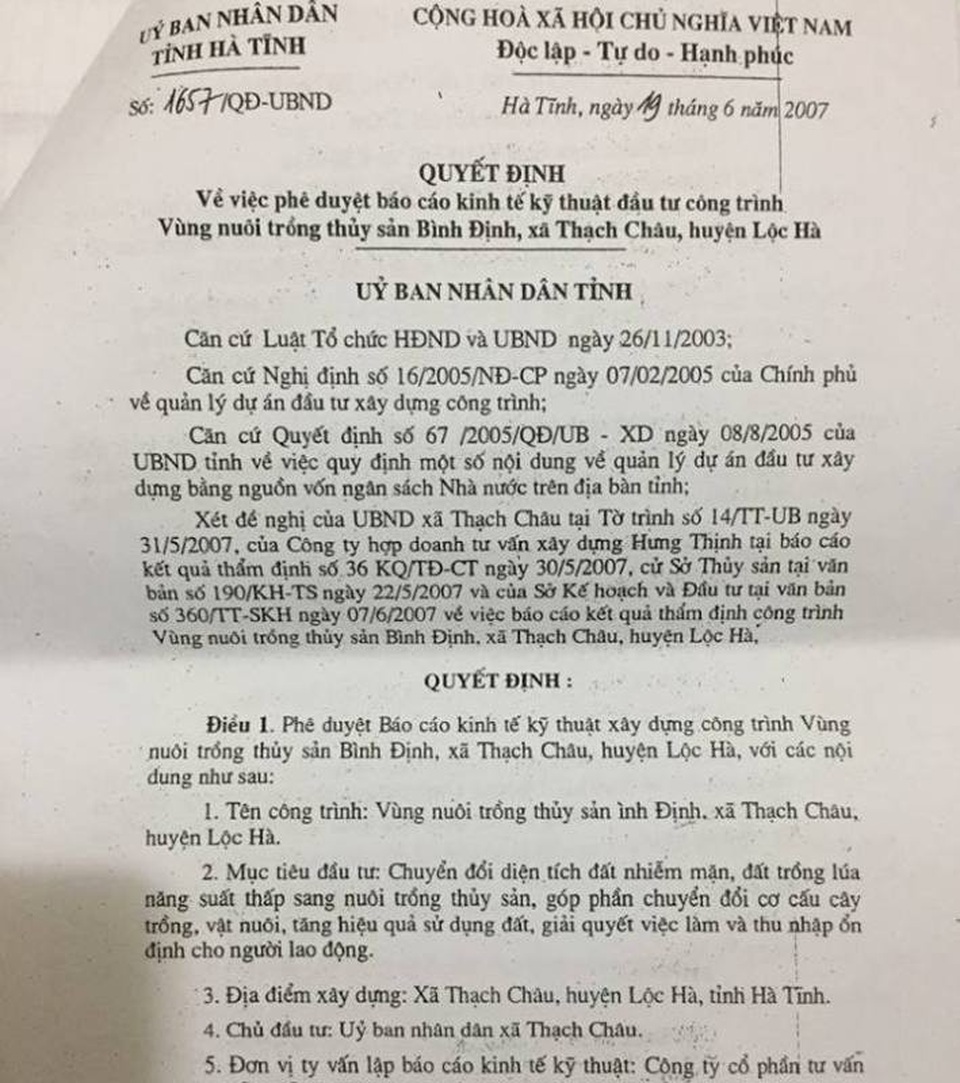 Quy hoạch cây xăng chồng lên khu nuôi tôm, hàng chục hộ dân kêu cứu - 3 Quy hoạch khu nuôi trồng thủy sản Bình Định được UBND tỉnh Hà Tĩnh quyết định từ năm 2007