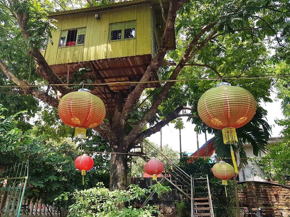 Xung quanh ngôi nhà được trang trí đèn lồng, đèn led để tạo điểm nhấn vào ban đêm. Nhiều người dân sống xung quanh ngôi nhà ví von, ngôi nhà như một tổ chim khổng lồ nằm chót vót trên ngọn cây sấu.