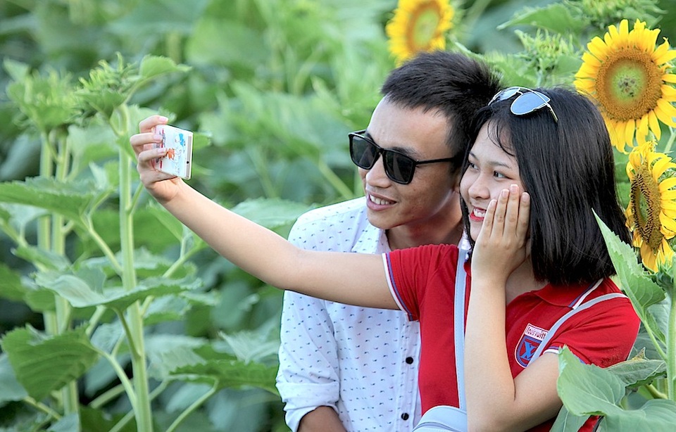 Hút hồn cánh đồng hoa hướng dương trái mùa ở miền Tây xứ Nghệ - 9 Bạn trẻ ghi lại khoảnh khắc bên nhau làm kỷ niệm.