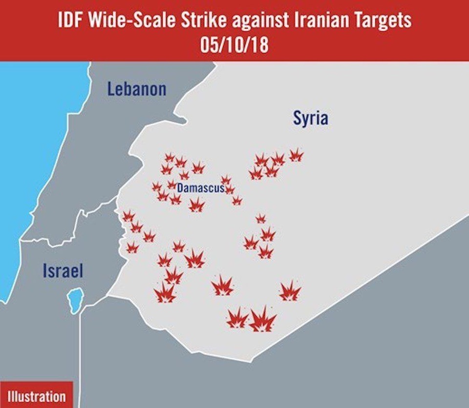 Lý do tổ hợp phòng không Syria “bất lực” trước tên lửa Israel - 2 Các mục tiêu của Israel trong đợt không kích Syria vào sáng 10/5. (Ảnh: IDF)