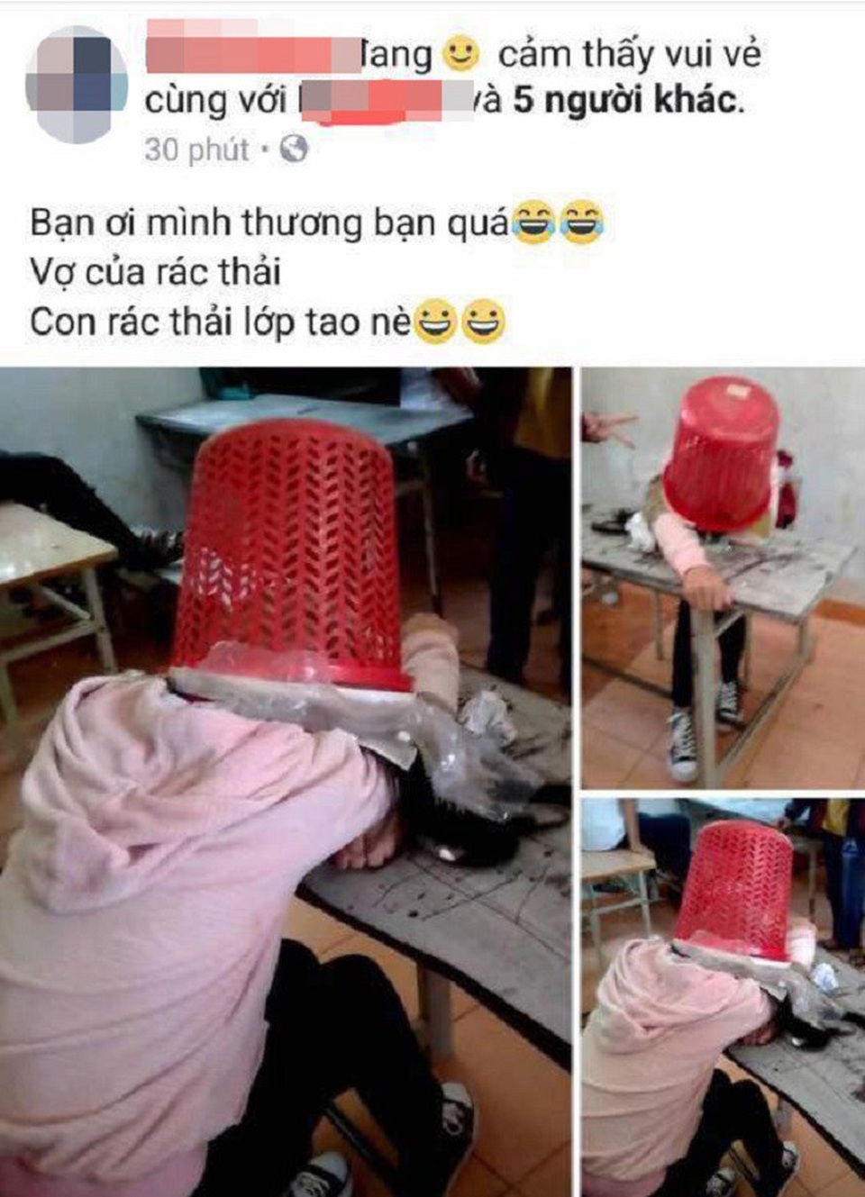 Học sinh lớp 7 úp sọt rác lên đầu bạn rồi chụp hình “câu like” - 1 Nội dung chia sẻ trên trang Facebook H.H (ảnh chụp màn hình)