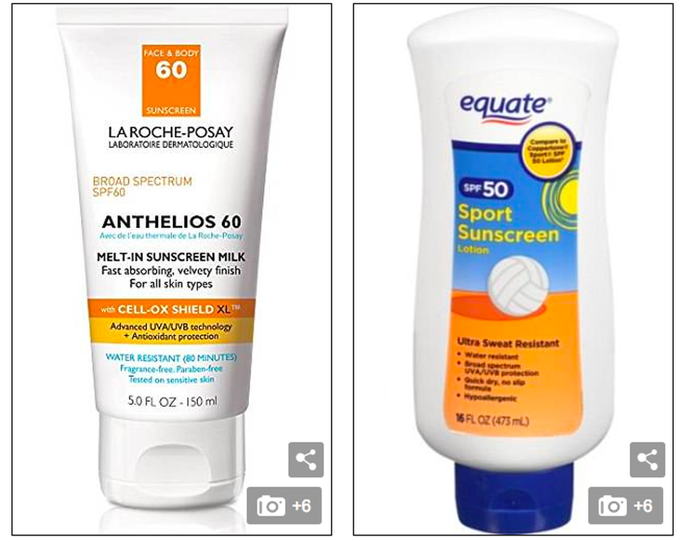 Hơn 1/3 kem chống nắng chứa chưa đến một nửa SPF ghi trên nhãn - 1 Hãy mua: Mặc dù có nhiều mức giá khác nhau, tuýp kem chống nắng Anthelios (trái) trị giá 36 đô la và sản phẩm Equate giá 5 đô la của Walmart (phải) đứng đầu bảng xếp hạng Consumer Reports 2018