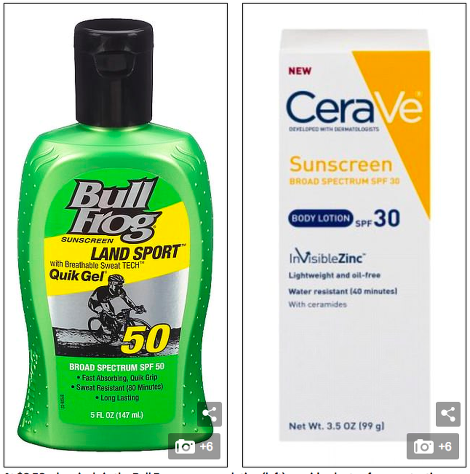 Hơn 1/3 kem chống nắng chứa chưa đến một nửa SPF ghi trên nhãn - 3 Với giá 8,5 đô la, hóa chất trong lotion chống nắng Bull Frog (trái) có tác dụng bảo vệ chống nắng khá tốt, trong khi lotion kẽm của CeraVe (bên phải) đã không vượt qua được các kiểm nghiệm của Consumer Reports