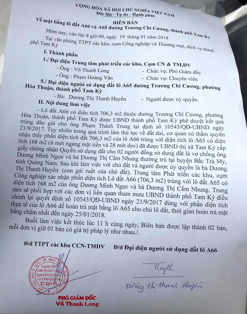 Quảng Nam: Cấp chồng đất nhưng lại “dây dưa” giải quyết trả lại cho dân! - 2 Biên bản làm việc giữa Trung tâm Phát triển Quỹ đất chi nhánh TP Tam Kỳ và bà Huyền