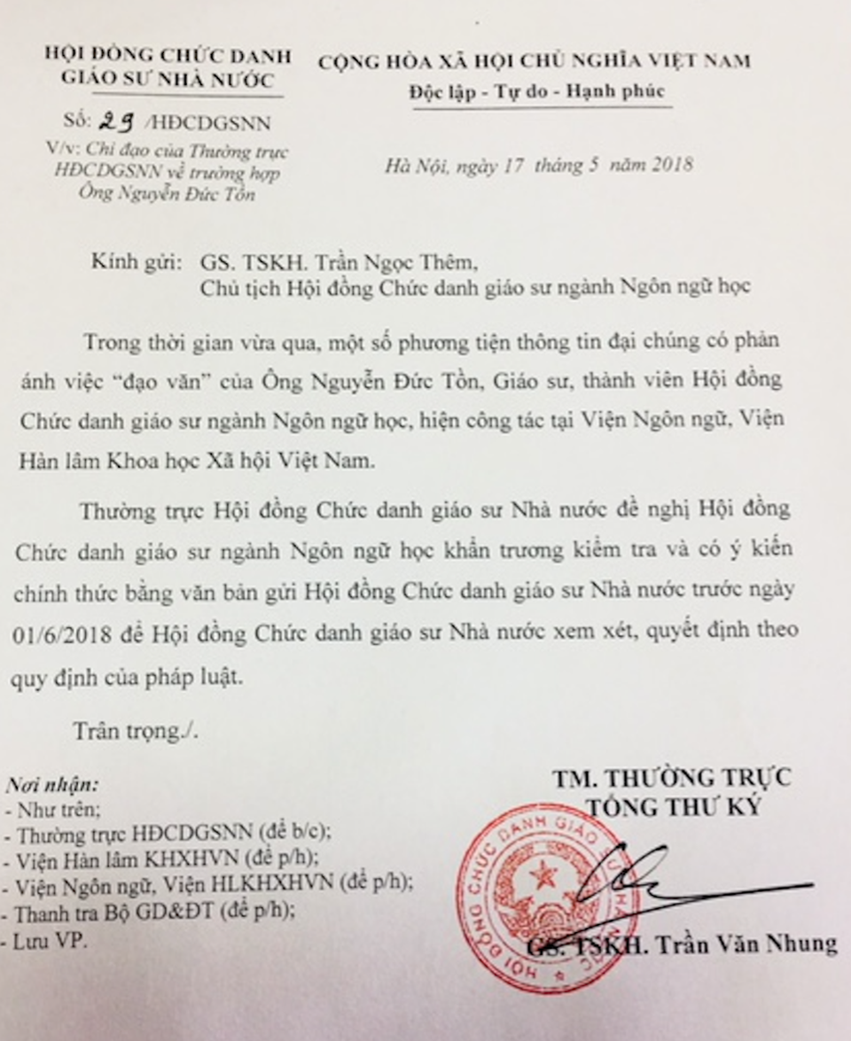 Trước ngày 1/6, phải báo cáo vụ giáo sư Nguyễn Đức Tồn “đạo văn” - 1
Công văn của Hội đồng Chức danh giáo sư Nhà nước