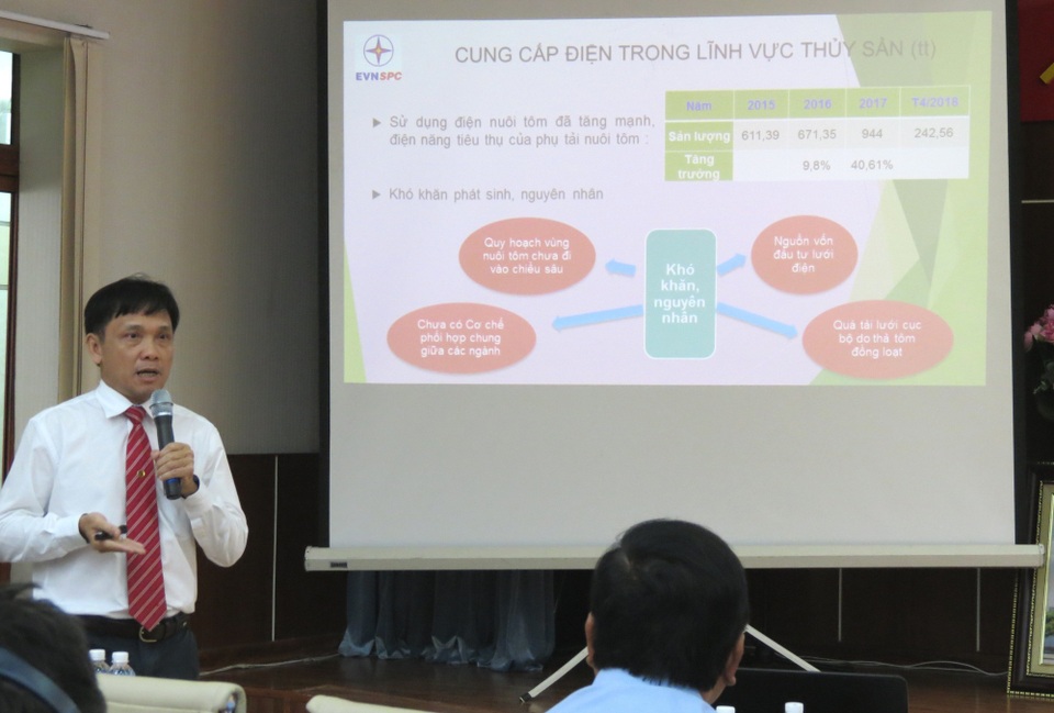 Giải pháp sử dụng năng lượng tái tạo cho nhu cầu nuôi trồng thủy sản khu vực phía Nam - 2 Ông Nguyễn Phước Đức - Phó Tổng Giám đốc EVN SPC trình bày giải pháp cấp điện phục vụ nhu cầu nuôi trồng thủy sản khu vực phía Nam tại Hội thảo.