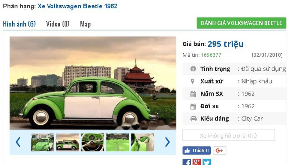 Những chiếc ô tô Volkswagen cũ đang rao bán tầm giá 200 triệu đồng tại Việt Nam - 1
Chiếc Volkswagen Beetle nhỏ xinh đời 1962, nhập khẩu này hiện đang được rao bán giá 295 triệu đồng trên chợ xe hơi cũ. Theo quảng cáo của người bán thì “xe còn tốt, điều hoà mát lạnh, có loa và các thiết bị chơi nhạc và kết nối với smart phone”.