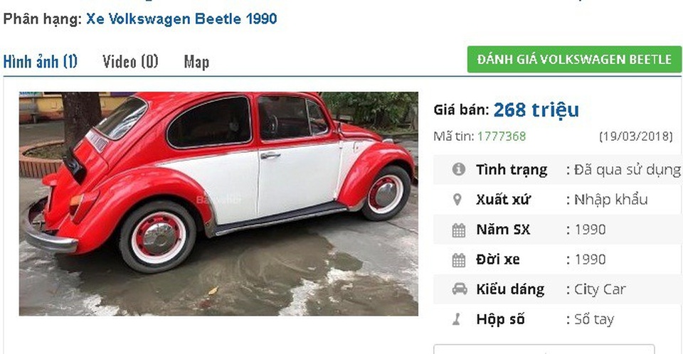 Những chiếc ô tô Volkswagen cũ đang rao bán tầm giá 200 triệu đồng tại Việt Nam - 2
Một chiếc Volkswagen Beetle khác sản xuất 1990, hai màu đỏ trắng, nhập khẩu đang được rao bán giá 268 triệu đồng. Thông tin về xe là “nguyên bản, máy tốt. Xe từng gắn liền với nhiều nhân vật nổi tiếng, xuất hiện trong nhiều bộ phim của điện ảnh Mỹ, điện ảnh Hồng Kông (Trung Quốc)…như phim: Herbie, the Love Bug, Mad Max...”.