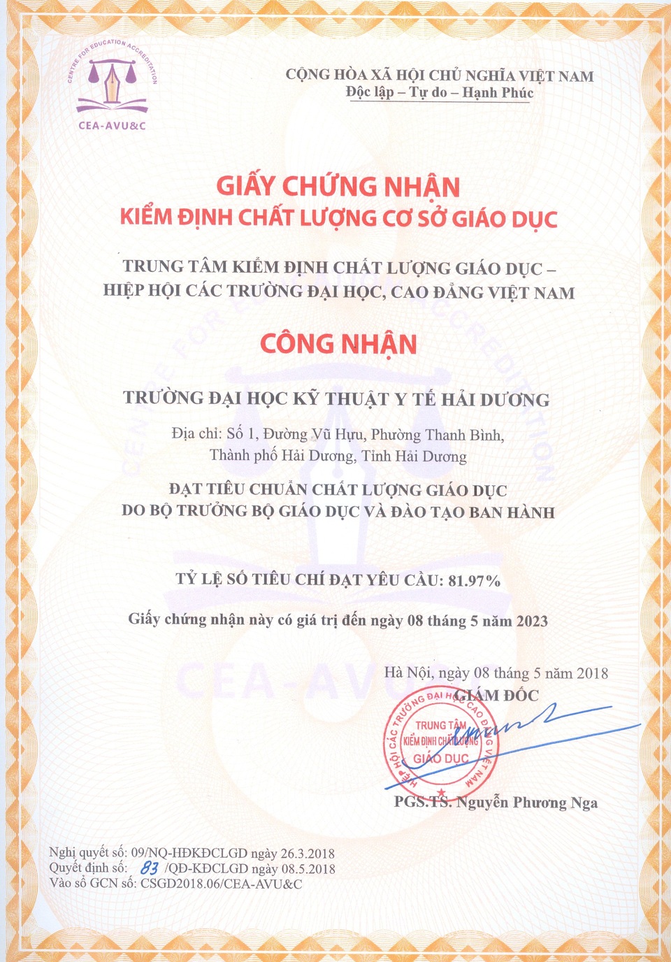 Trường ĐH Kỹ thuật Y tế Hải Dương thông báo ngưỡng đầu vào hệ đại học chính quy năm 2018 - 3 Giấy chứng nhận kiểm định chất lượng giáo dục.