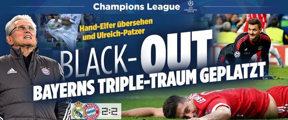 Tờ Bild (Đức) giật tít: Giấc mộng ăn ba của Bayern Munich tan vỡ. Tờ báo này đặc biệt nhấn mạnh vào sai lầm của thủ thành Sven Ulreich đã khiến Bayern Munich ôm hận