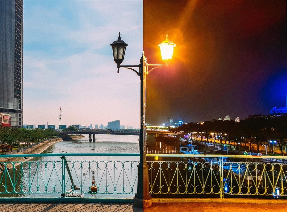 Chuyện 69: những điều chưa kể về nét đẹp Sài Gòn - 1 Trong cùng một bức ảnh vẻ đẹp cầu Mống hiện lên với hai sắc thái đối lập gây ấn tượng với ngay cả những người quen thuộc nơi này. Vào ban mai nơi đây “nhuộm” lên màu xanh nhẹ nhàng của non nước trời mây, mang một cảm giác bình yên đến lạ kỳ. Đêm về là khi cây cầu được trang hoàng bởi những ánh đèn, hòa mình vào sự tráng lệ của mảnh đất mệnh danh “thành phố không bao giờ ngủ”.