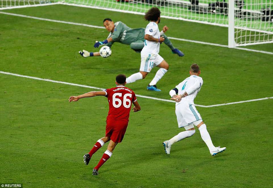 Những khoảnh khắc Real Madrid hạ gục Liverpool để vô địch Champions League - 6
Hậu vệ phải Arnold uy hiếp cầu thủ môn Real Madrid với pha dứt điểm trong vòng cấm