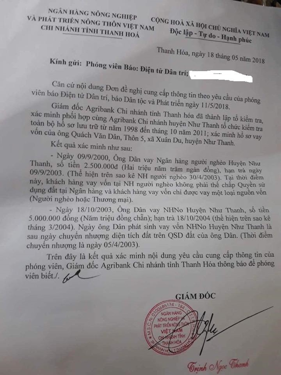 Nhiều uẩn khúc trong vụ bìa đỏ cắm hơn 10 năm bị mất đất tại Thanh Hóa - 1 Ngân hàng Nông Nghiệp và Phát triển nông thôn xác nhận thời điểm mất đất ông Dân đang vay ngân hàng nhưng khẳng định thời điểm đó khách hàng không phải cắm trích lục.