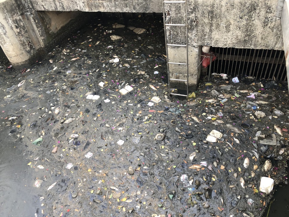 Huy động máy móc vớt hàng tấn cá chết trắng kênh Nhiêu Lộc - Thị Nghè - 14 Rác thải phủ kín mặt nước ở đầu kênh phía quận Tân Bình