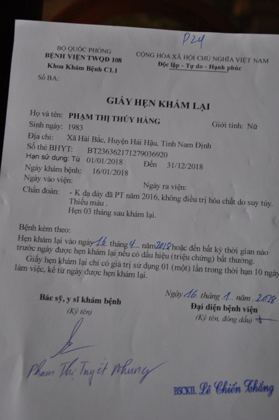 Con ung thư dạ dày chăm bố liệt trong nghẹn ngào nỗi đau - 5 Giấy hẹn tái khám của chị Hằng đã qua 1 tháng.