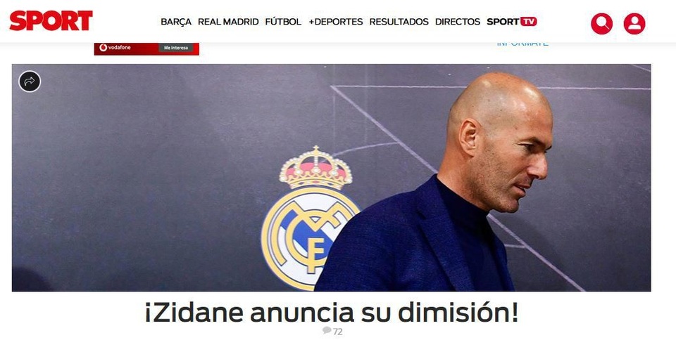 Báo chí thế giới nói gì về quyết định từ chức gây sốc của HLV Zidane? - 12 Tờ Dario Sport (Tây Ban Nha) giật tít: Zidane thông báo quyết định ra đi
