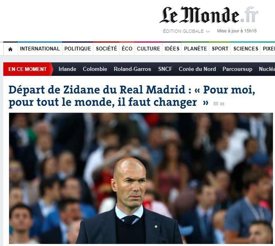 Báo chí thế giới nói gì về quyết định từ chức gây sốc của HLV Zidane? - 15 Tờ Le Monde (Pháp) dẫn lời nói của Zidane: Với tôi, với mọi người, chúng ta cần sự thay đổi