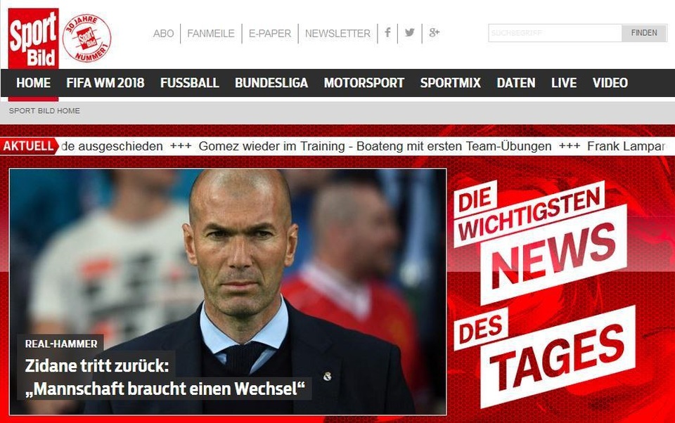 Báo chí thế giới nói gì về quyết định từ chức gây sốc của HLV Zidane? - 3 Tờ Bild (Đức) cũng có dòng tít tương tự như tờ Gazzetta