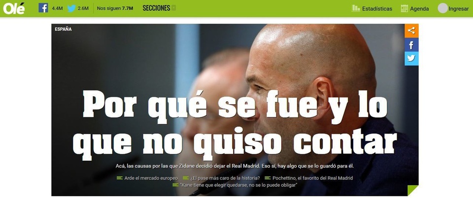 Báo chí thế giới nói gì về quyết định từ chức gây sốc của HLV Zidane? - 4 Tờ Ole (Argentina) thắc mắc về lý do thực sự HLV Zidane ra đi với bài viết: Tại sao ông ấy rời Real Madrid và điều gì ông ấy chưa muốn nói ra