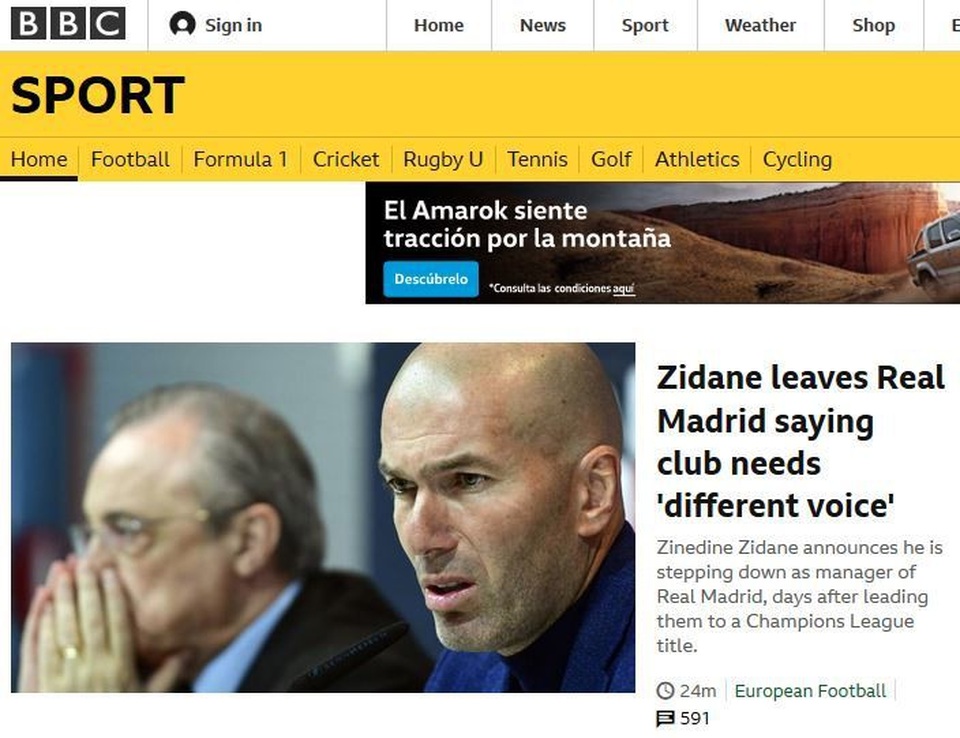 Báo chí thế giới nói gì về quyết định từ chức gây sốc của HLV Zidane? - 5 Tờ BBC (Anh) có bài: Zidane rời Real Madrid và cho rằng CLB cần một tiếng nói mới