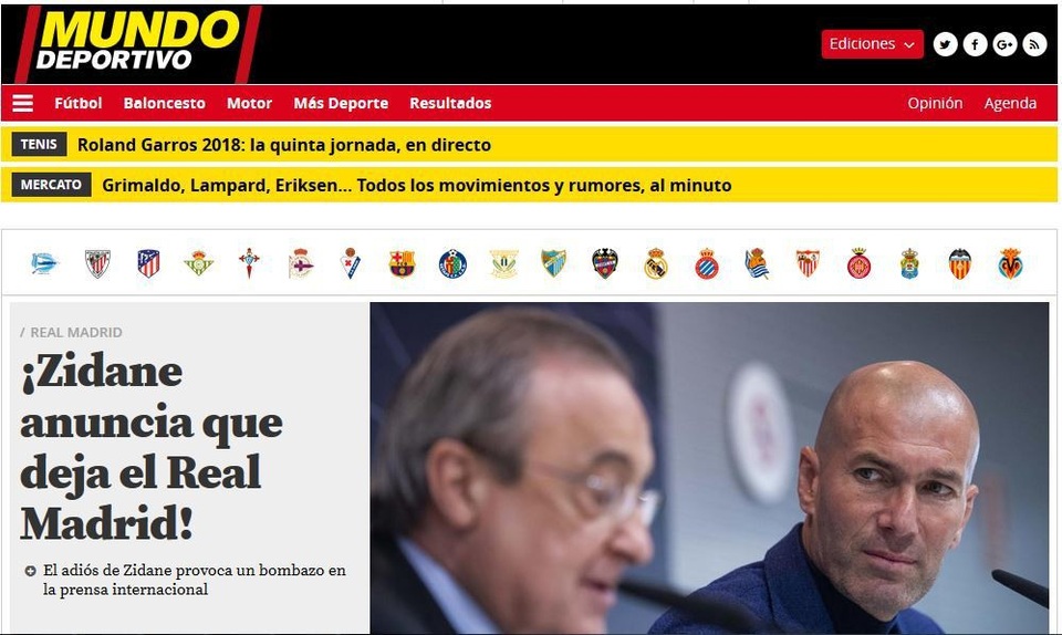 Báo chí thế giới nói gì về quyết định từ chức gây sốc của HLV Zidane? - 9 Tờ Mundo Deportivo (Tây Ban Nha) giật tít: Zidane thông báo rời khỏi Real Madrid