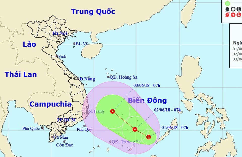 Xuất hiện vùng áp thấp trên Biển Đông - 1 Vị trí và hướng di chuyển của vùng áp thấp. (Ảnh: NCHMF).