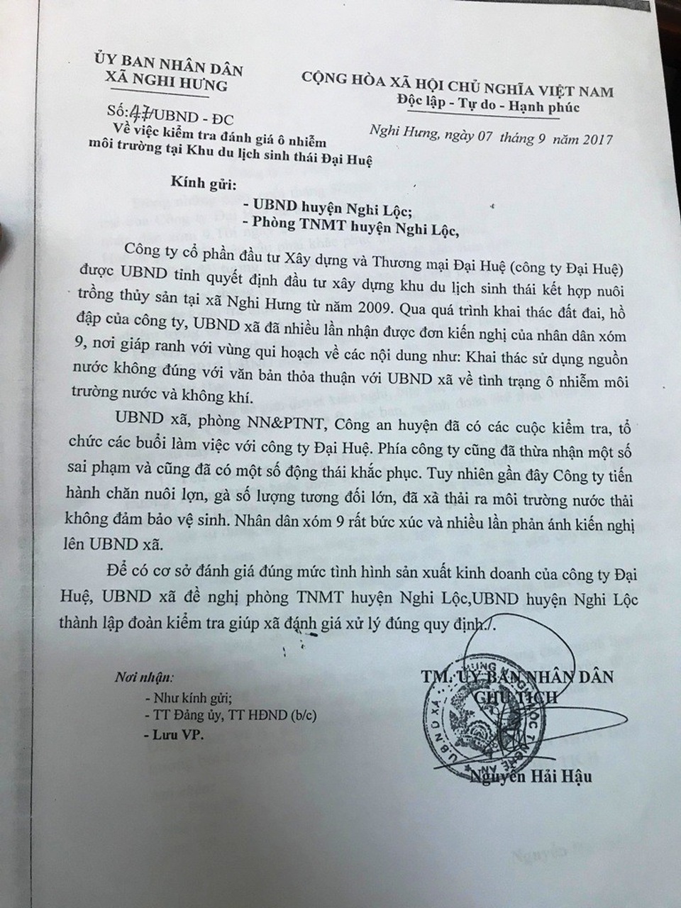 Nghệ An: Phát hiện thêm sai phạm tại khu du lịch sinh thái hành dân vì ô nhiễm! - 1 UBND xã Nghi Hưng cũng đã có văn bản kiểm tra ô nhiễm môi trường ở khu du lịch sinh thái này.