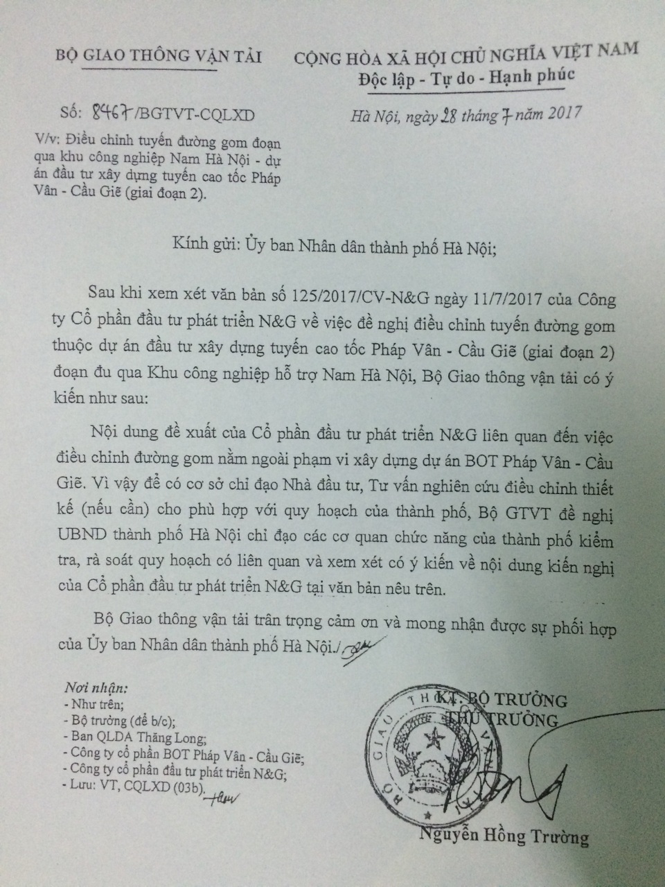 Lãnh đạo Bộ GTVT “vênh nhau”, khu công nghiệp “chới với” - 2 Văn bản của ông Nguyễn Hồng Trường- Thứ trưởng Bộ GTVT gửi UBND TP Hà Nội.