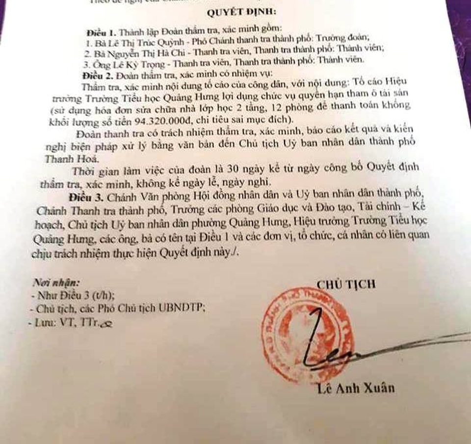 Thanh Hóa: Thành lập đoàn xác minh vụ Hiệu trưởng bị tố tham ô tài sản - 1 Thanh Hóa: Thành lập đoàn xác minh vụ Hiệu trưởng bị tố tham ô tài sản - 1