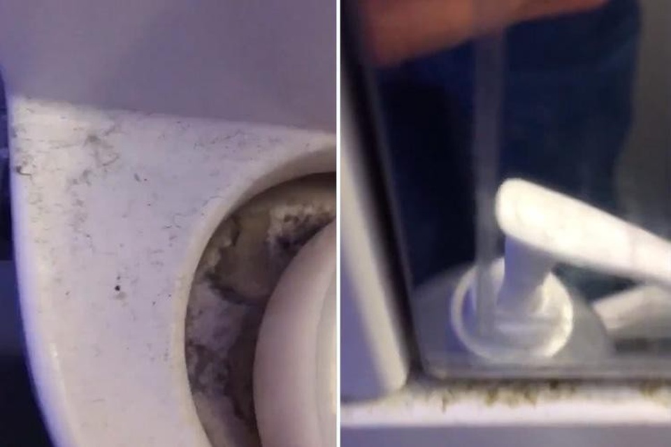 Du khách buồn nôn vì nhà vệ sinh trên máy bay quá bẩn - 1 Các vết bẩn và vết ố bám trên nhà vệ sinh ở máy bay