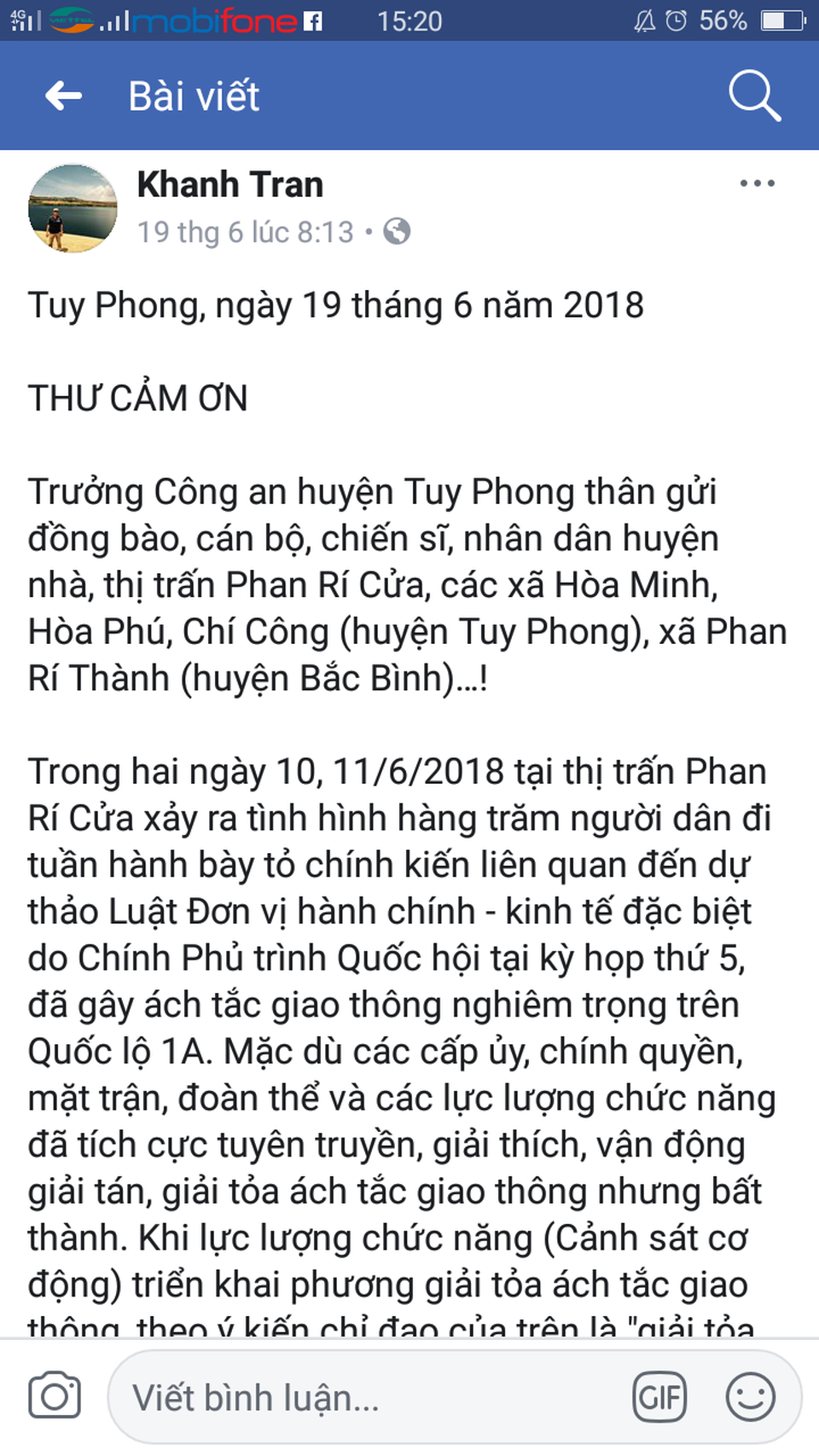 Trưởng Công an huyện lên Facebook cảm ơn người dân Bình Thuận - 1 Bức thư của thượng tá Khánh