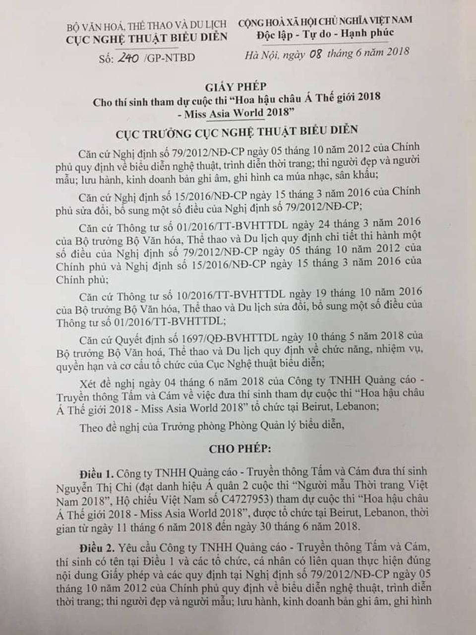 Á quân 2 cuộc thi Người mẫu thời trang Việt Nam 2018 - Chi Nguyễn đã được Cục nghệ thuật biểu diễn cấp phép tham gia cuộc thi Hoa hậu Châu Á Thế giới - Miss Asia World 2018.