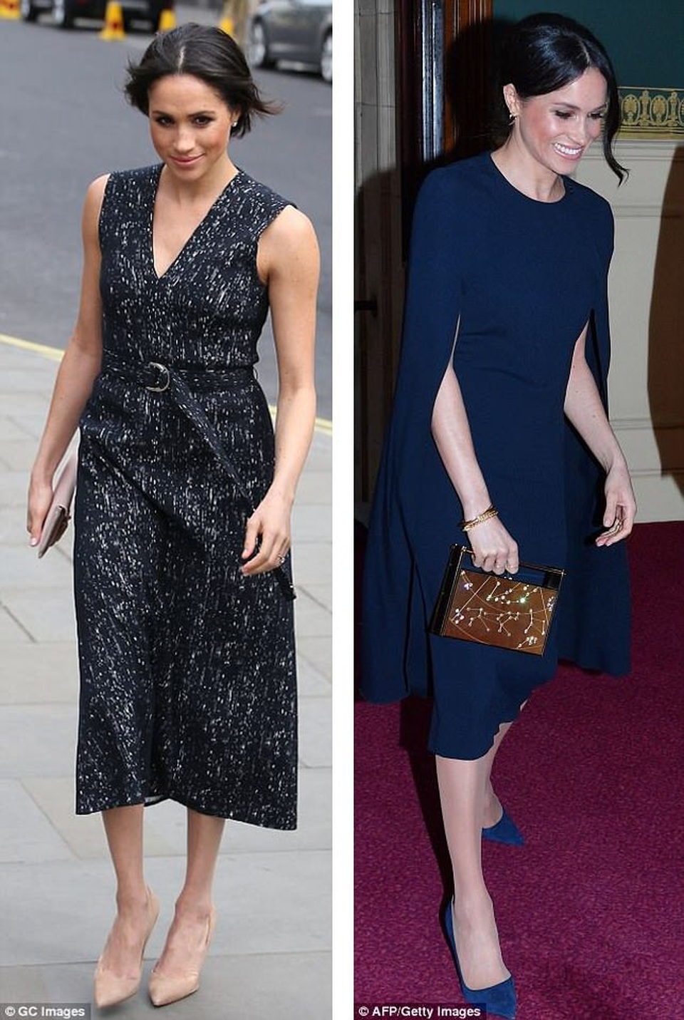 Ngày 23/4/2018 - Xuất hiện trong bộ trang phục trị giá 1.154 bảng (trái). Ngày 21/4/2018 - Đi nghe hòa nhạc: Diện cây đồ có giá 4.663 bảng (phải).