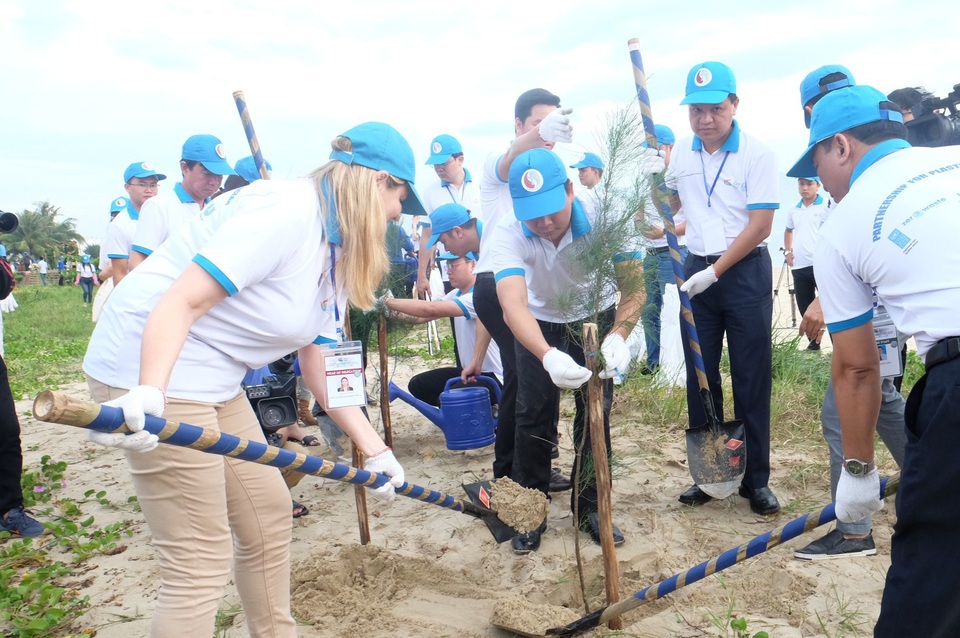 Chung tay bảo vệ đại dương - 1 Các đại biểu GEF trồng phi lao chắn sóng trên bãi biển, chung tay bảo vệ đại dương với người Đà Nẵng