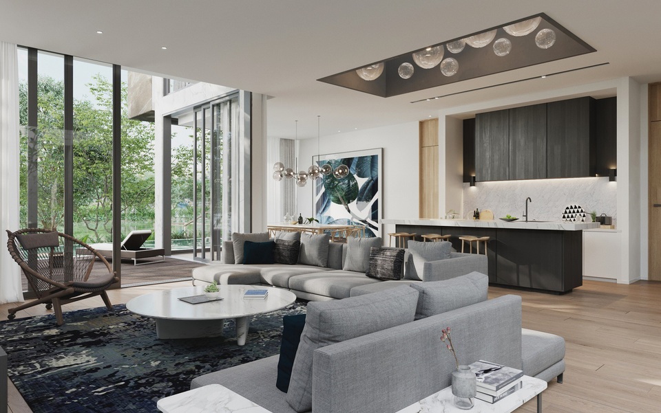 
Thiết kế phòng khách biệt thự Tiffany trên đảo Jade. Hệ thống cửa kính từ sàn đến trần mang đến cho gia chủ tầm nhìn không giới hạn hướng ra mặt hồ xanh ngọc bích
