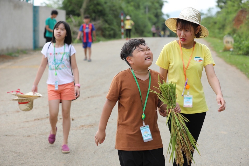 Khoảnh khắc đáng yêu của Bi “béo” khi trải nghiệm trở thành nông dân - 3
Các bạn nhỏ được hướng dẫn cách cầm liềm, gặt lúa và mang theo thành quả của mình về trang trại.