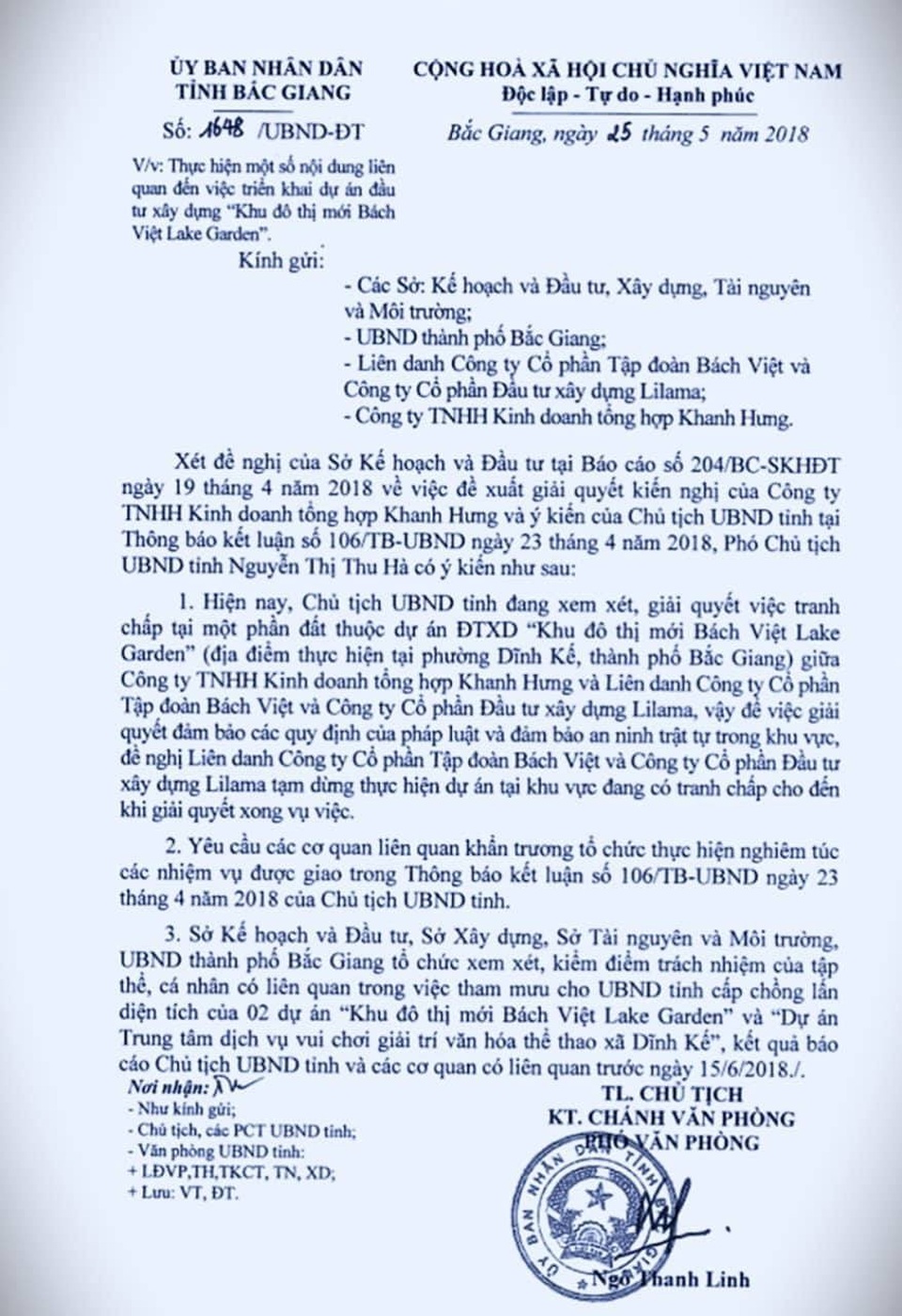 Tin cấp dưới tham mưu, UBND tỉnh Bắc Giang phải ra văn bản "chữa cháy"! - 3
Chủ tịch UBND tỉnh Bắc Giang đã yêu cầu tạm dừng tạm dừng thực hiện dự án tại khu vực đang có tranh chấp cho đến khi giải quyết xong vụ việc.