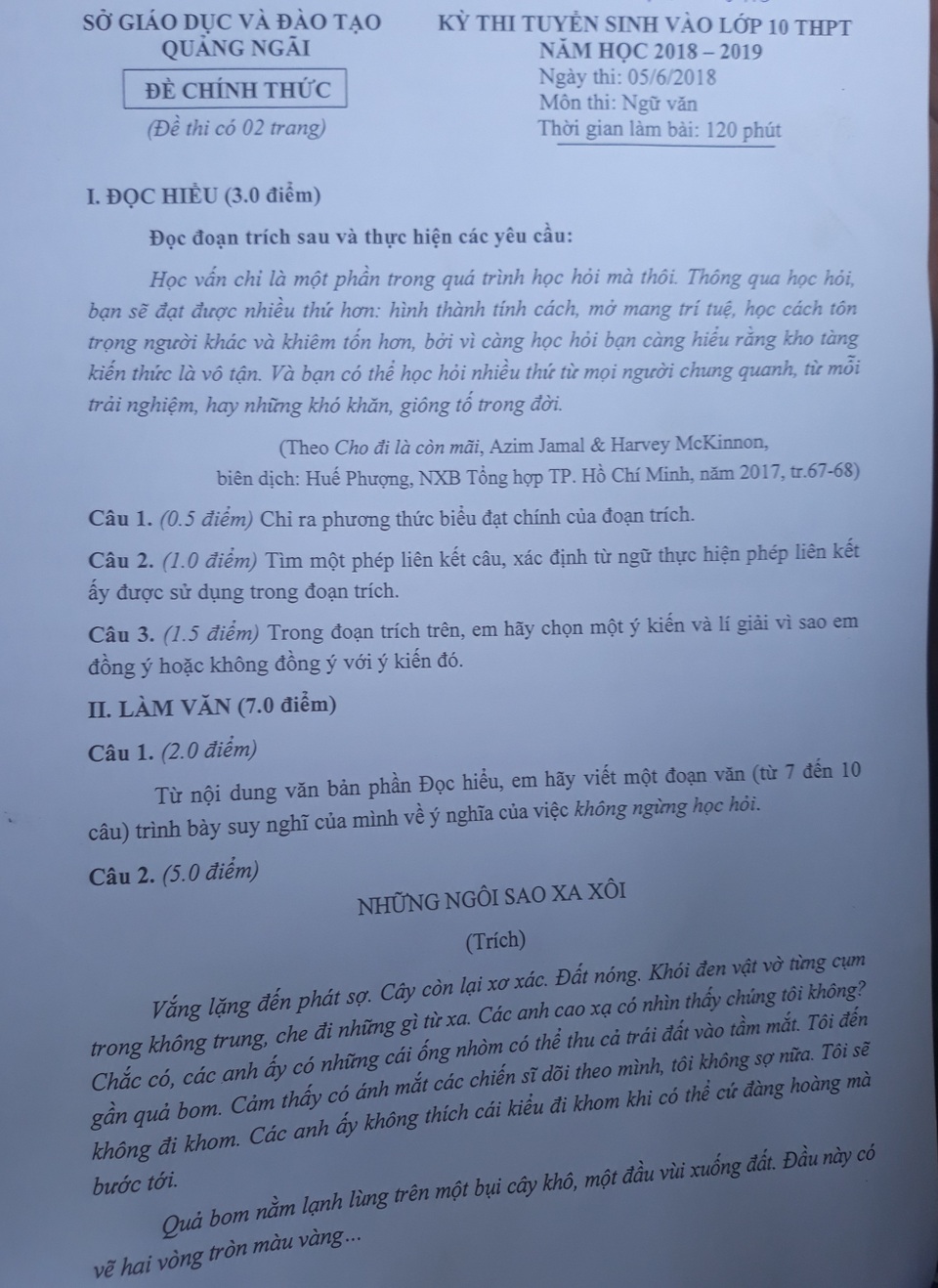 Quảng Ngãi: Mở đầu kỳ thi lớp 10 với đề Văn nhẹ nhàng - 2 Đa số thí sinh đánh giá đề thi môn Văn khá nhẹ nhàng