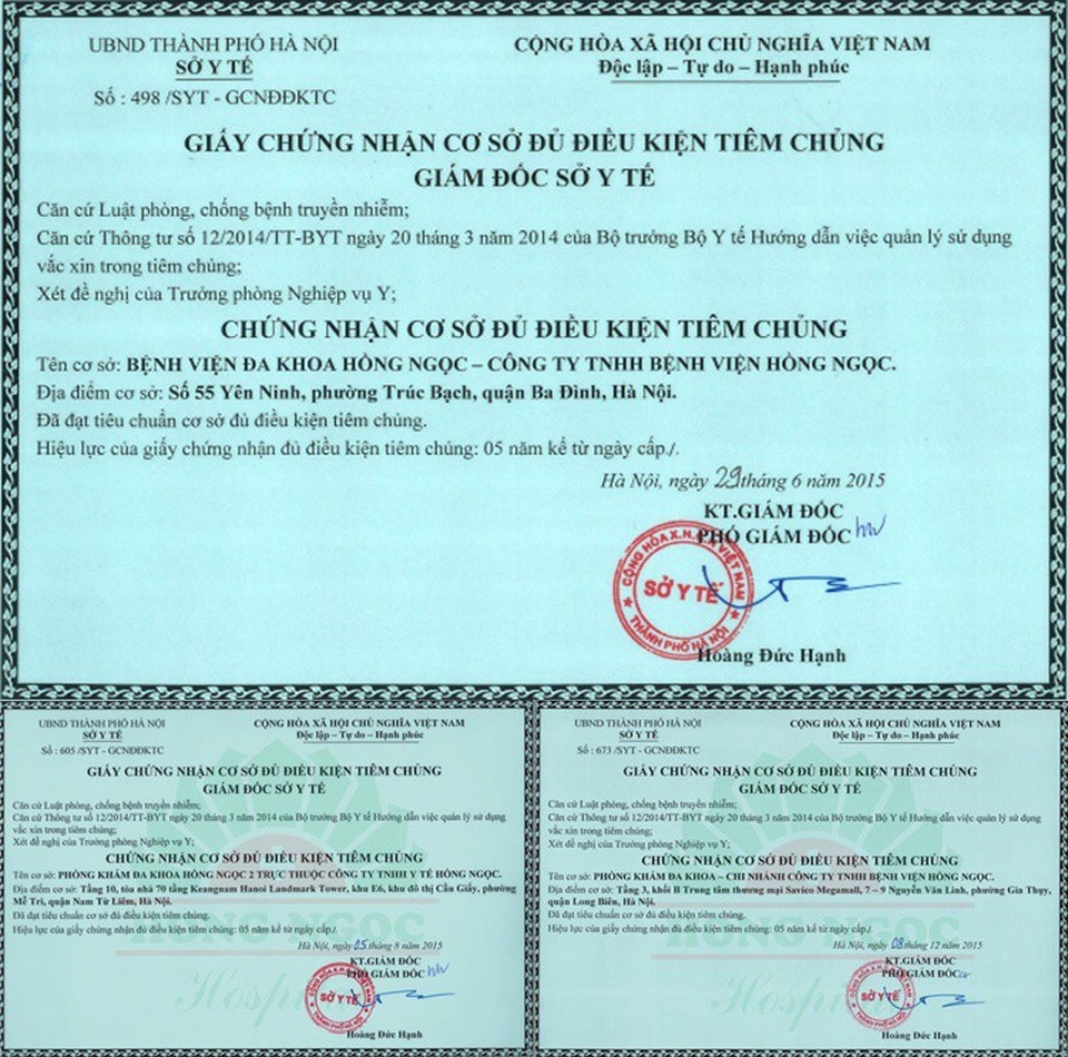 Nhận biết cơ sở tiêm chủng an toàn và chất lượng - 1 Bệnh viện Hồng Ngọc có 3 cơ sở tiêm chủng thì sẽ phải cần 3 giấy phép tiêm chủng vaccine tại 3 cơ sở