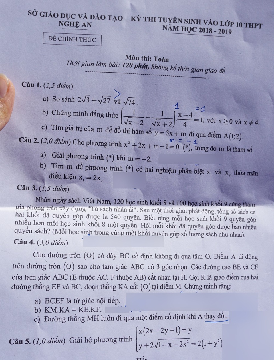 Nghệ An: Đề Toán lớp 10 không khó, có tính phân loại cao - 1 Đề thi môn Toán kỳ thi tuyển sinh lớp 10 năm học 2018-2019 tại Nghệ An