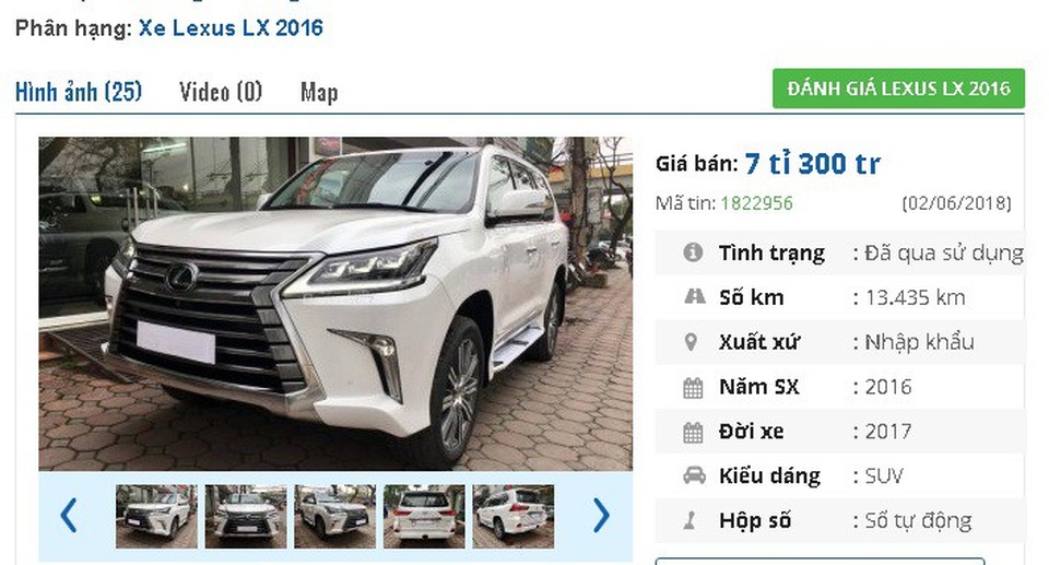 Những chiếc ô tô cũ này đang rao bán giá cao "ngất ngưởng" 7 tỷ đồng tại Việt Nam - 1
Một chiếc Lexus LX570 2016 đã qua sử dụng khác nhưng màu vàng hiện đang được rao bán giá 6,9 tỷ đồng. Xe được giới thiệu là “nhập khẩu nguyên chiếc, được trang bị những opiton cao cấp nhất: Âm thanh Mark Levinson, Hệ thống nâng hạ gầm, Màn DVD trước sau, cửa nóc, Camera 360, Đồng hồ hiển thị tốc độ trên kính lái HUD, v. V...”