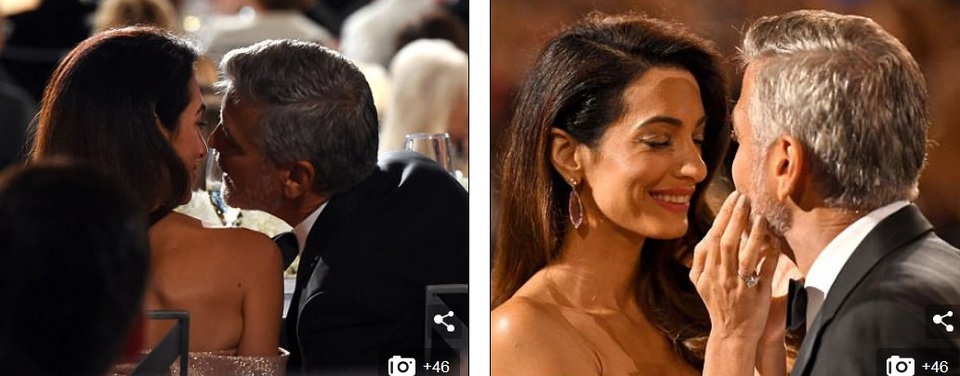 Vợ chồng George Clooney hôn nhau say đắm - 5
Cặp đôi hạnh phúc âu yếm bên nhau suốt buổi tối