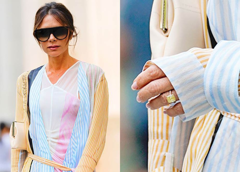 Năm 2018 - nhẫn kim cương vàng mặt vuông. Gần đây, Vic lại trình làng chiếc nhẫn mới trên ngón áp út, dường như sắc vàng của sự sáng tạo rất được nhà thiết kế thời trang này ưa chuộng.