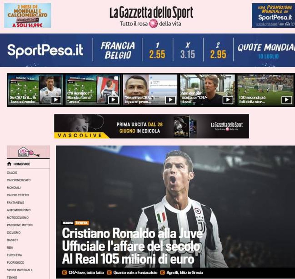 Báo chí thế giới nói gì về việc Real Madrid bán C.Ronaldo? - 2
Tờ Gazzetta dello Sport (Italia) thông tin thêm rằng hợp đồng giữa C.Ronaldo và Juventus sẽ có thời hạn 4 năm với mức lương 30 triệu euro/năm. Tờ báo này cho hay C.Ronaldo sẽ tham dự tour du đấu cùng Juventus bắt đầu từ ngày 23/7