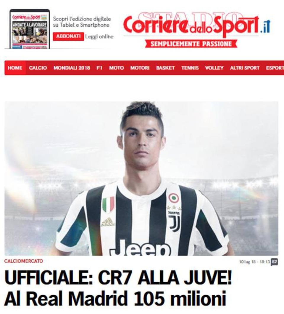 Báo chí thế giới nói gì về việc Real Madrid bán C.Ronaldo? - 3
Tờ Corriere dello Sport (Italia) cho hay Juventus sẽ trả số tiền 100 triệu euro cho Real Madrid trong vòng 2 năm (mỗi năm 50 triệu euro), để tránh luật Công bằng tài chính