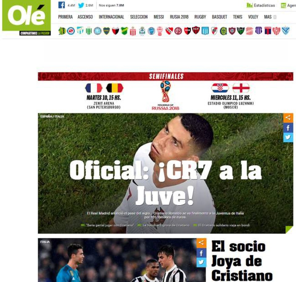 Báo chí thế giới nói gì về việc Real Madrid bán C.Ronaldo? - 6
Tờ Olé (Argentina) đã gọi đây là thương vụ bom tấn. Mọi việc ban đầu chỉ xuất phát từ tin đồn nhưng sau đó nó đã trở thành hiện thực, khi Juventus chốt quá nhanh ở vụ này
