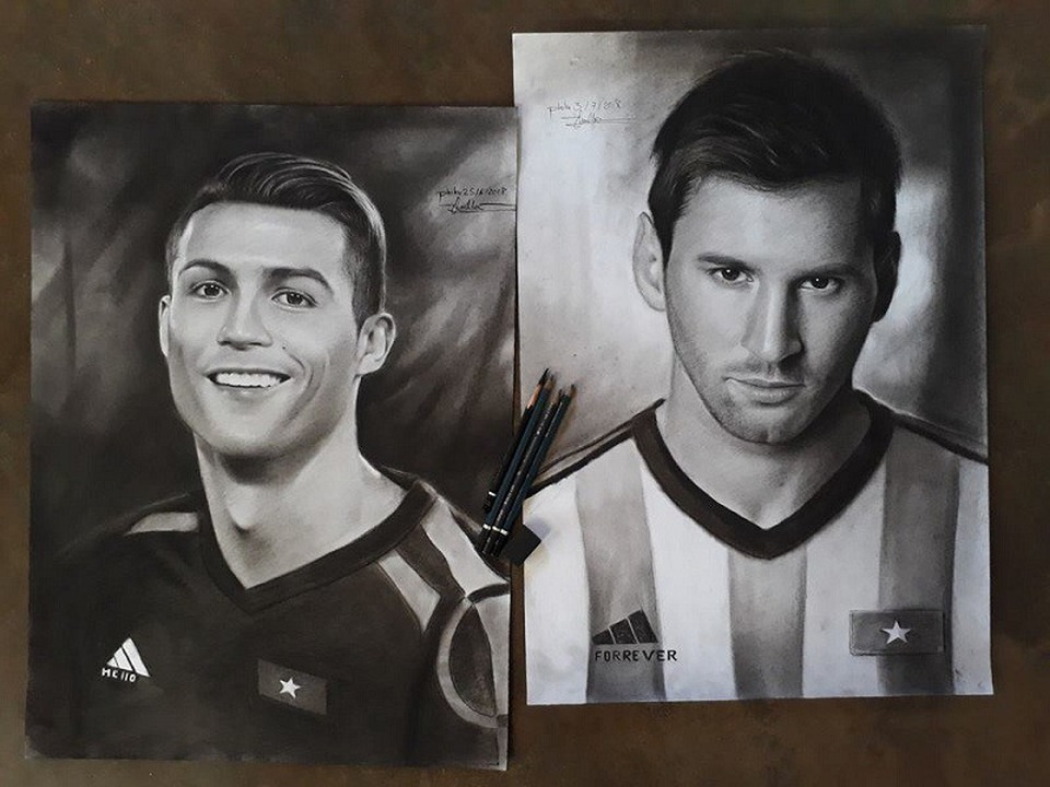 Bức tranh Lâm vẽ cầu thủ bóng đá Ronaldo, Messi