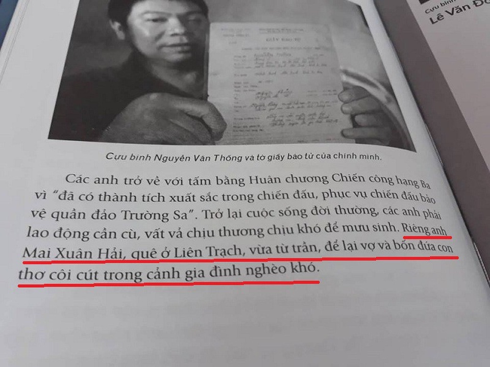 Cựu binh Gạc Ma bất ngờ bị ‘khai tử’ trong cuốn sách vừa phát hành - 3
Tại trang 200 của cuốn sách, cựu binh Mai Xuân Hải được nhắc đến vừa từ trần